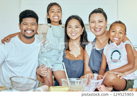 Family, generations and baking, happy in the kitchen, together and learning for skill development and spending quality time. Father, mother and grandmother with children bonding, smile in portrait. 124525903