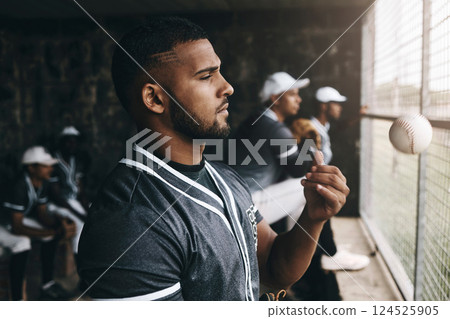 Sports, baseball player and team watch game, competition or competitive club match from substitute dugout. Fitness exercise, training workout or softball athlete throw ball during stadium performance 124525905