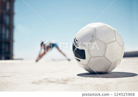 Soccer ball, sport and fitness, training and exercise, sports workout and athlete stretching, prepare for football outdoor in urban town. Soccer, healthy and active lifestyle, cardio and endurance. Soccer ball, sport and fitness, training and exercise, sports workout and athlete stretching, prepare for football outdoor in urban town. Soccer, healthy and active lifestyle, cardio and endurance. 124525908