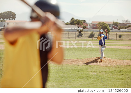 Sport, baseball and player ready to pitch in game, match and training on summer day. Fitness, exercise and athletes on baseball field with focus, determination and concentration in baseball players 124526000
