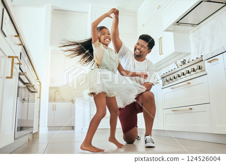 Love, dancing and father with girl in kitchen bonding, having fun and playing together. Family, affection and happiness in Indian dad with child dance, spin and relax in family home enjoying weekend Love, dancing and father with girl in kitchen bonding, having fun and playing together. Family, affection and happiness in Indian dad with child dance, spin and relax in family home enjoying weekend 124526004