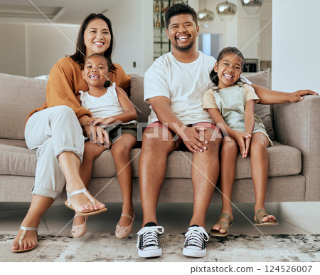 Portrait, happy family and relax on sofa together in holiday living room at home bonding. Married man, woman smile and young children love cheerful happiness freedom spend time in vacation apartment Portrait, happy family and relax on sofa together in holiday living room at home bonding. Married man, woman smile and young children love cheerful happiness freedom spend time in vacation apartment 124526007