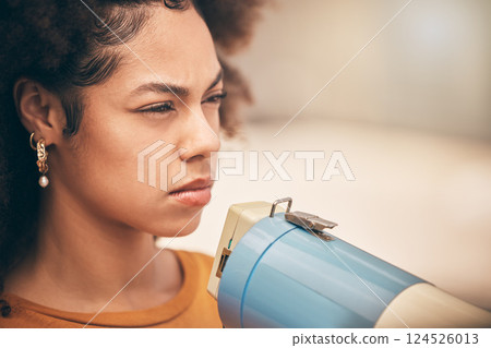 Protest, angry and megaphone woman for justice, peace or global support, leadership and social equality. Gen z girl fight for politics, leader or human rights movement event in urban city for freedom Protest, angry and megaphone woman for justice, peace or global support, leadership and social equality. Gen z girl fight for politics, leader or human rights movement event in urban city for freedom 124526013