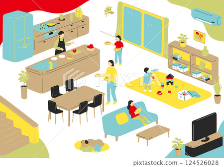 Family enjoying daily life in the living room 124526028