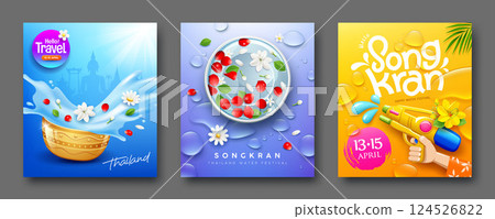 Songkran water festival thailand, happy new year thailand, summer time, poster flyer three design 124526822
