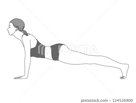 Illustration of a Japanese woman doing yoga plank pose, full body, side view, profile, monochrome Illustration of a Japanese woman doing yoga plank pose, full body, side view, profile, monochrome 124526900