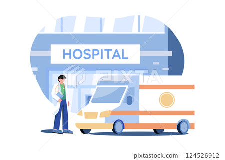 Ambulance Parked in Front of Hospital Building 124526912