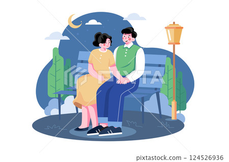 Romantic evening outdoors Illustration concept. A flat illustration isolated on white background Romantic evening outdoors Illustration concept. A flat illustration isolated on white background 124526936