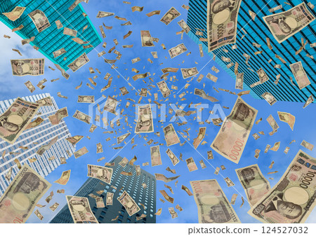 10,000 yen bills flying over skyscrapers (Eiichi Shibusawa) 10,000 yen bills flying over skyscrapers (Eiichi Shibusawa) 124527032
