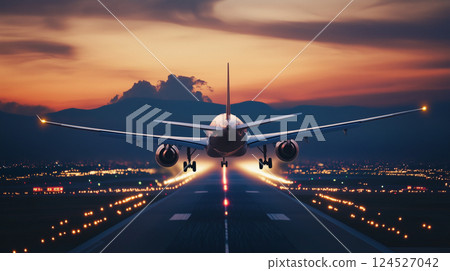 A scene of an airport where planes take off and land against the backdrop of a sunset sky. A passenger plane flying in the sky 124527042