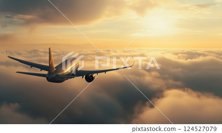 A scene of an airport where planes take off and land against the backdrop of a sunset sky. A passenger plane flying in the sky 124527079
