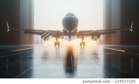 A scene of an airport where planes take off and land against the backdrop of a sunset sky. A passenger plane flying in the sky 124527105