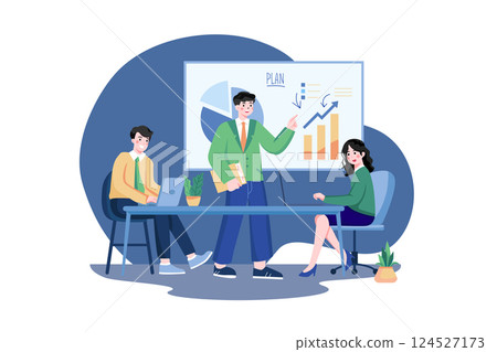 Businessman illustrates product planning option Businessman illustrates product planning option 124527173