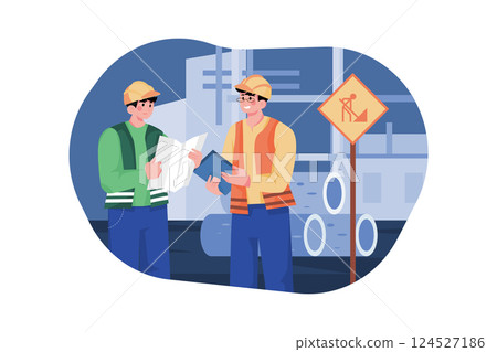 Construction workers checking building plan Construction workers checking building plan 124527186