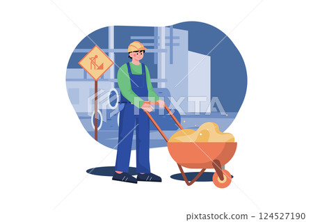 Construction worker pushing a sand trolley 124527190