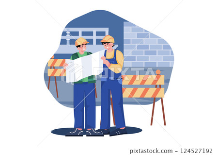 Construction site engineer doing routine standup Construction site engineer doing routine standup 124527192