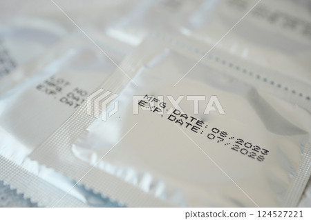 Packaged condoms with manufacturing and expiration dates shown clearly Packaged condoms with manufacturing and expiration dates shown clearly 124527221