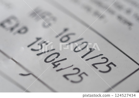 Important manufacturing and expiration dates printed on packaging 124527434