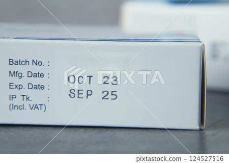 Expiration date and manufacturing details on product packaging 124527516