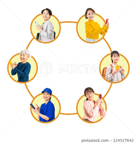 使用實景圖示的各年齡層女性使用智慧型手機的網路圖 124527642