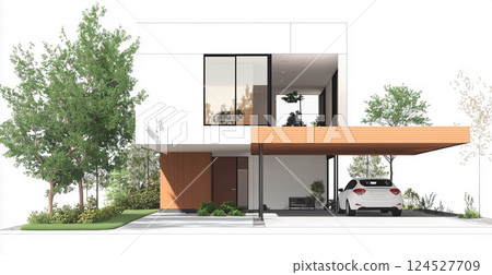 Modern two-storey house exterior illustration Modern two-storey house exterior illustration 124527709