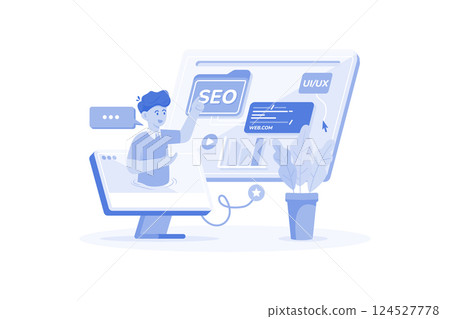 Digital marketer crafting SEO strategy for new website. 124527778
