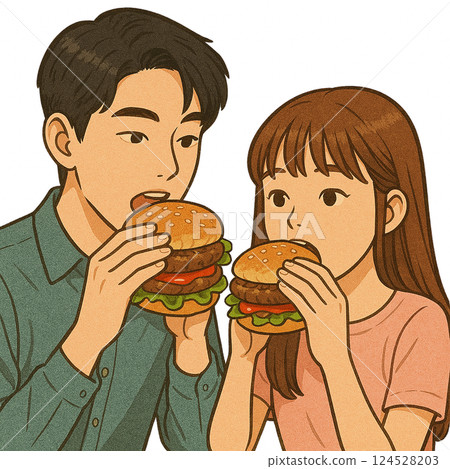 一男一女正在大口吃漢堡 - 飢餓插畫素材 - 生成式 AI 124528203