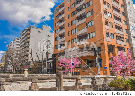 京都堀川通的春季街景與水道 124528252