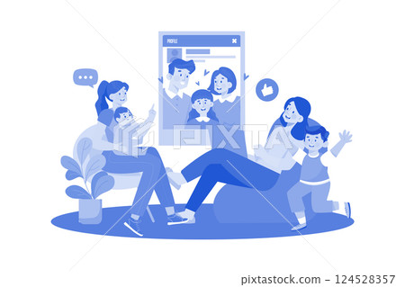 A family hikes in the mountains in the morning. 124528357