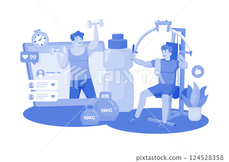 A family hikes in the mountains in the morning. 124528358