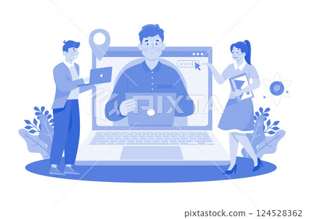 A family hikes in the mountains in the morning. 124528362