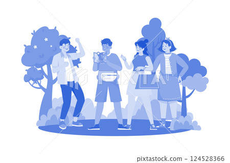 A family hikes in the mountains in the morning. A family hikes in the mountains in the morning. 124528366