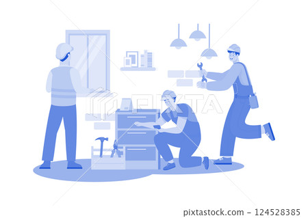 A family hikes in the mountains in the morning. 124528385