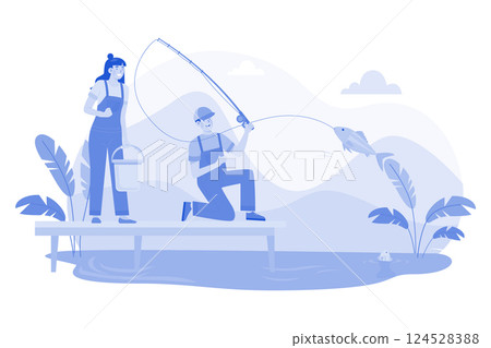 A couple fishes in a nearby lake in the morning. 124528388