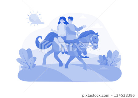 A couple horseback rides along picturesque trails in the morning. 124528396