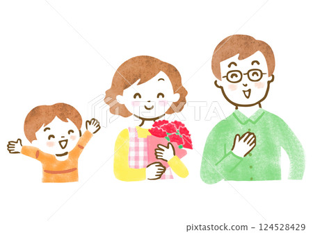 Upper body illustration of a smiling mother and her family holding carnations 124528429