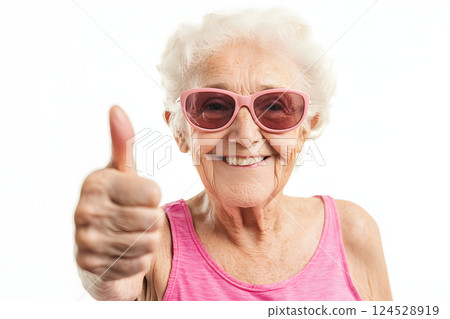 Portrait of a cheerful, powerful and charming elderly woman smiling and showing thumbs up Portrait of a cheerful, powerful and charming elderly woman smiling and showing thumbs up 124528919