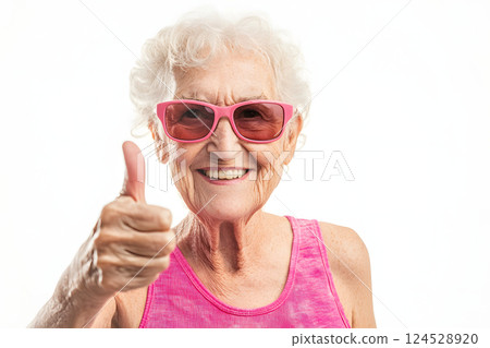 Portrait of a cheerful, powerful and charming elderly woman smiling and showing thumbs up Portrait of a cheerful, powerful and charming elderly woman smiling and showing thumbs up 124528920