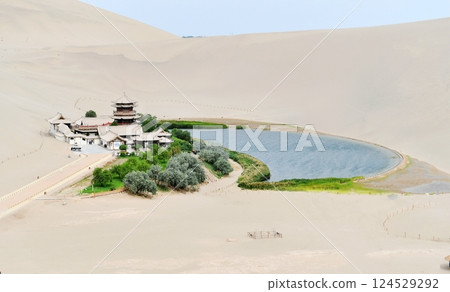 Photo of the famous Crescent Spring scenic spot in the desert of Dunhuang, Gansu Province, China 124529292