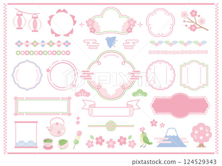 春季日式框架插圖集。櫻花、賞花、鳥類、裝飾 春季日式框架插圖集。櫻花、賞花、鳥類、裝飾 124529343