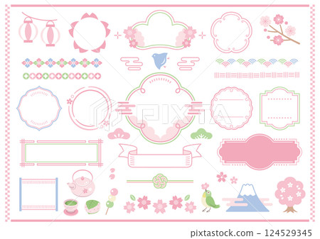 春季日式框架插圖集。櫻花、賞花、鳥類、裝飾 124529345