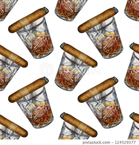 Seamless pattern with whiskey glass and cigar Seamless pattern with whiskey glass and cigar 124529377