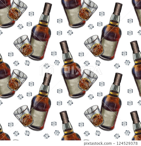 Seamless pattern with whiskey bottle, glass, and ice cubes 124529378