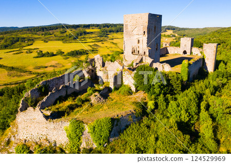 View of medieval Puivert castle. Languedoc-Roussillon region View of medieval Puivert castle. Languedoc-Roussillon region 124529969
