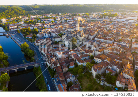 Flight over the evening city of Perigueux at sunset 124530025
