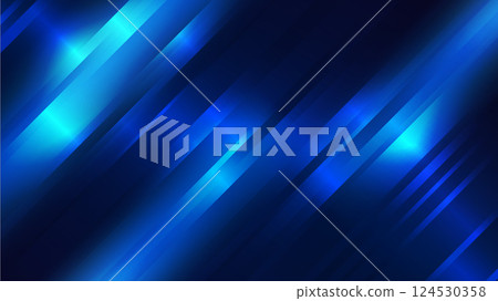 Layered geometric patterns create a dynamic abstract background in shades of blue. 124530358