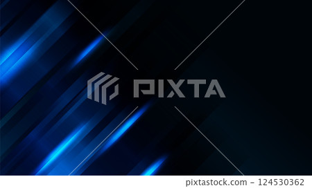 Layered geometric patterns create a dynamic abstract background in shades of blue. 124530362