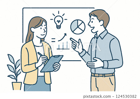 Illustration of male and female business people discussing while looking at presentation materials | Meeting, discussion, brainstorming scene Illustration of male and female business people discussing while looking at presentation materials | Meeting, discussion, brainstorming scene 124530382