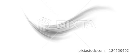 Grey wind line element. Light gris curve speed effect. Air stream flow wavy motion trace. Blowing wind wave concept. Swoosh and swirl stripe path design illustration. Vector grey swash element 124530402
