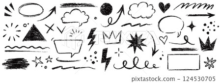 Arrow line hand drawn brush sketch element set. Grunge square, heart, arrow element scribble line brush hand drawn sketch design. Texture abstract chalk, crayon pencil style. Vector 124530705